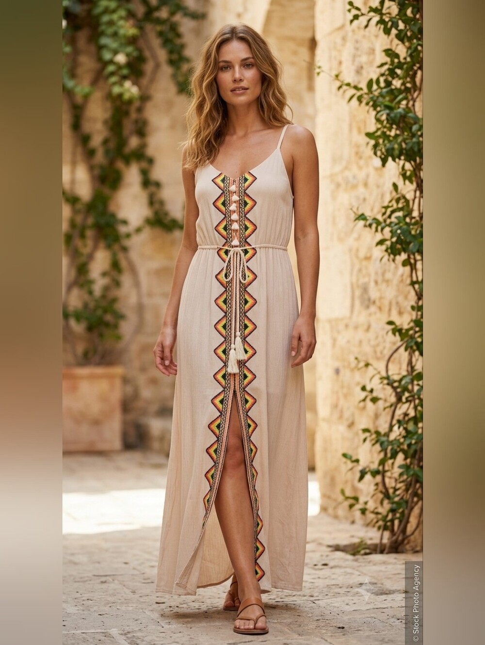 Altar'd State Embroidered Aztec Boho Maxi Dress with Tassels | Size Small